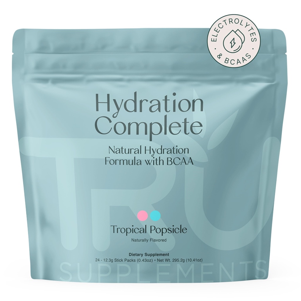 TRU lisäravinteet Hydraation Complete BCAA, Plant Based amino Acids + Pink Himalajan Salt, Electrolytes & L-karnitiini, Vegan, Zero Calories, Ei keinotekoisia makeutusaineita, 24 tarjoilut, Trooppinen mehujää
