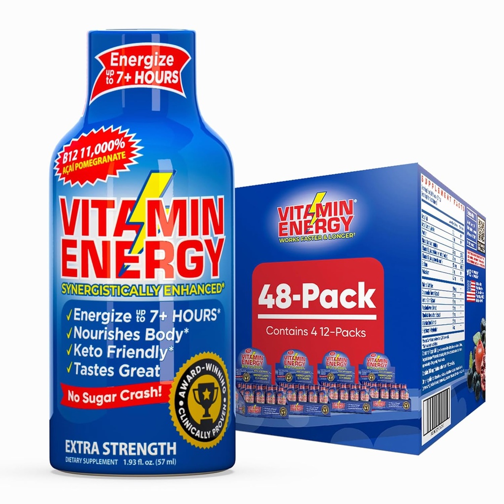 B12 11 000% Extra Strength Energy Shot Açaí Pomegranate 48 Pack, 260 mg Natural Cofeine, B12 & B6, Nootropic Focus, elinvoima, nollasokeri, Gluteeniton, Vegan, Kosher, 1,93 fl oz