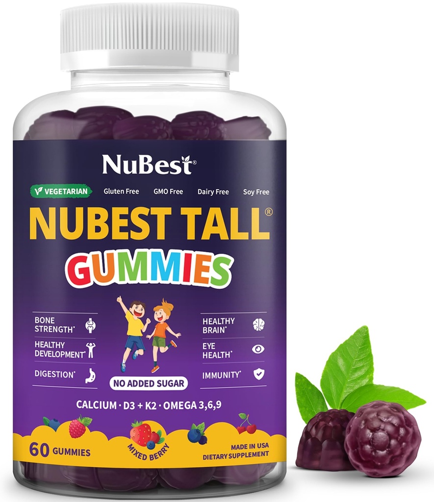 NuBest Tall Gummies for Kids Age 2 + & Teens | Benstyrka, immunitet, Digestive Health med kalcium, vitamin D3, K2, B Complex, Magnesium, Zink | 20 + Vitaminer Berries Gummies, ingen extra socker