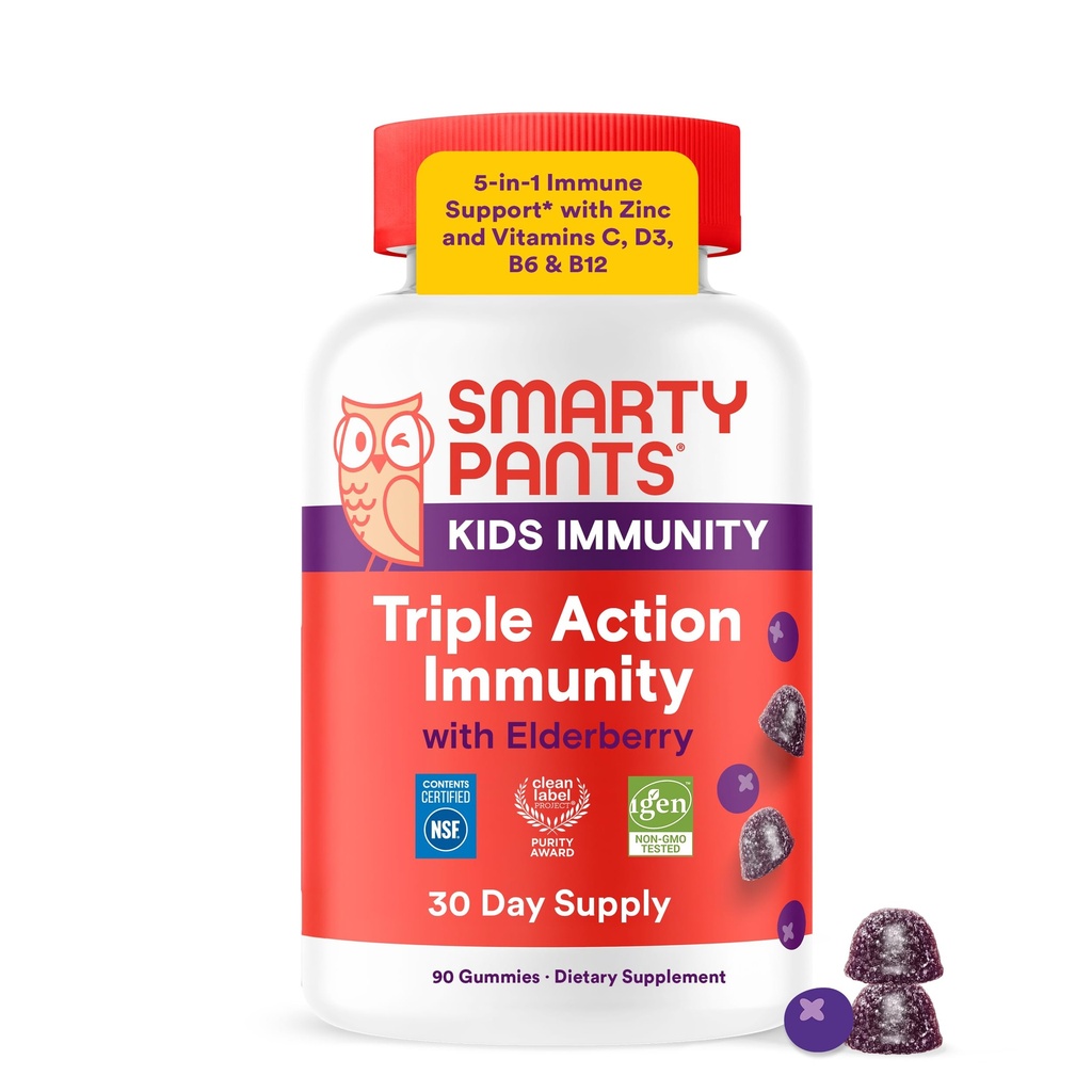 SmartyPants Kids Immuniteetti Elderberry Gummies: Lapset Immuunituki täydentää, C-vitamiinia, D-vitamiinia, B6 & B12 ja Sinkki, Gluteeniton, Elderberry Flavor, 60 kreivi (30 päivän tarjonta)
