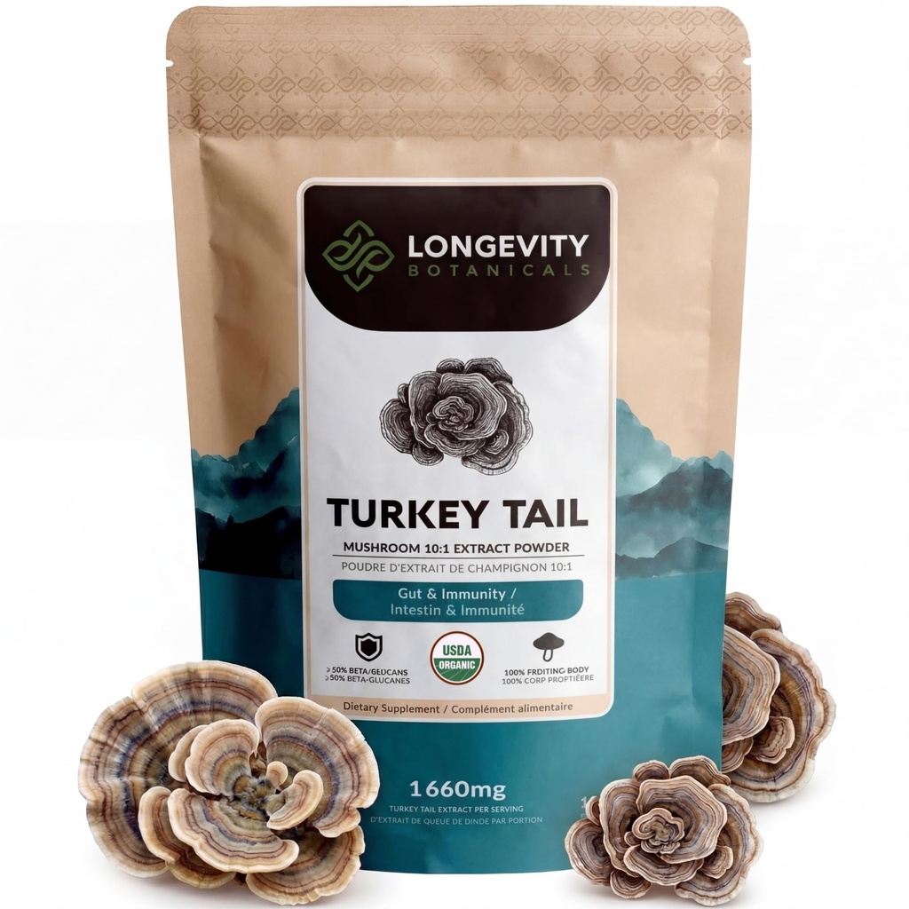 Organiskt Turkiet Tail Mushroom Powder Supplement 100g | Pure Fruiting Body 10:1 High Strength Extract | 50% Beta-D Glucans | 16,600mg Raw Equivalent Per Serving | Immune, Gut & Microbiome Support