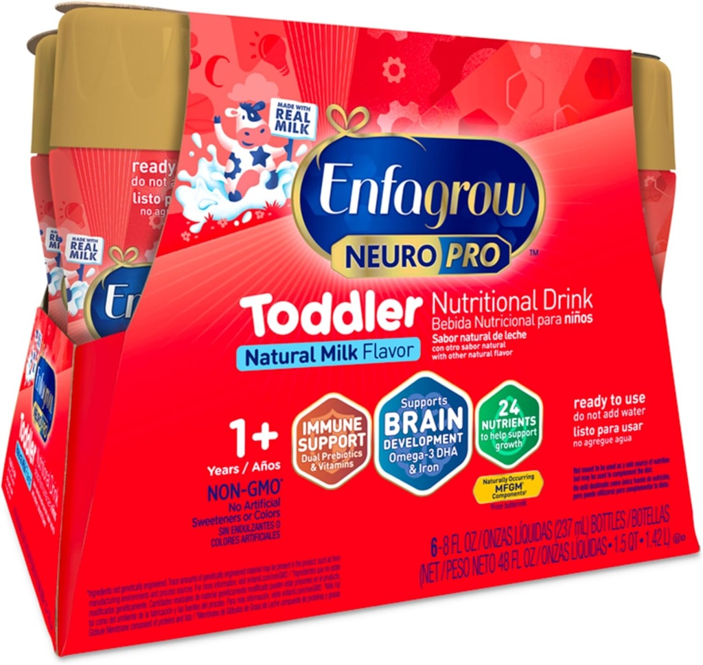 Enfagrow NeuroPro Toddler Nutritional Drink, Made with Real Milk, Brain-Building Omega-3 DHA, Nutrients and Prebiotics for GMO-GMO, Toddler Milk Powder, 8 Fl Oz, 6 Count