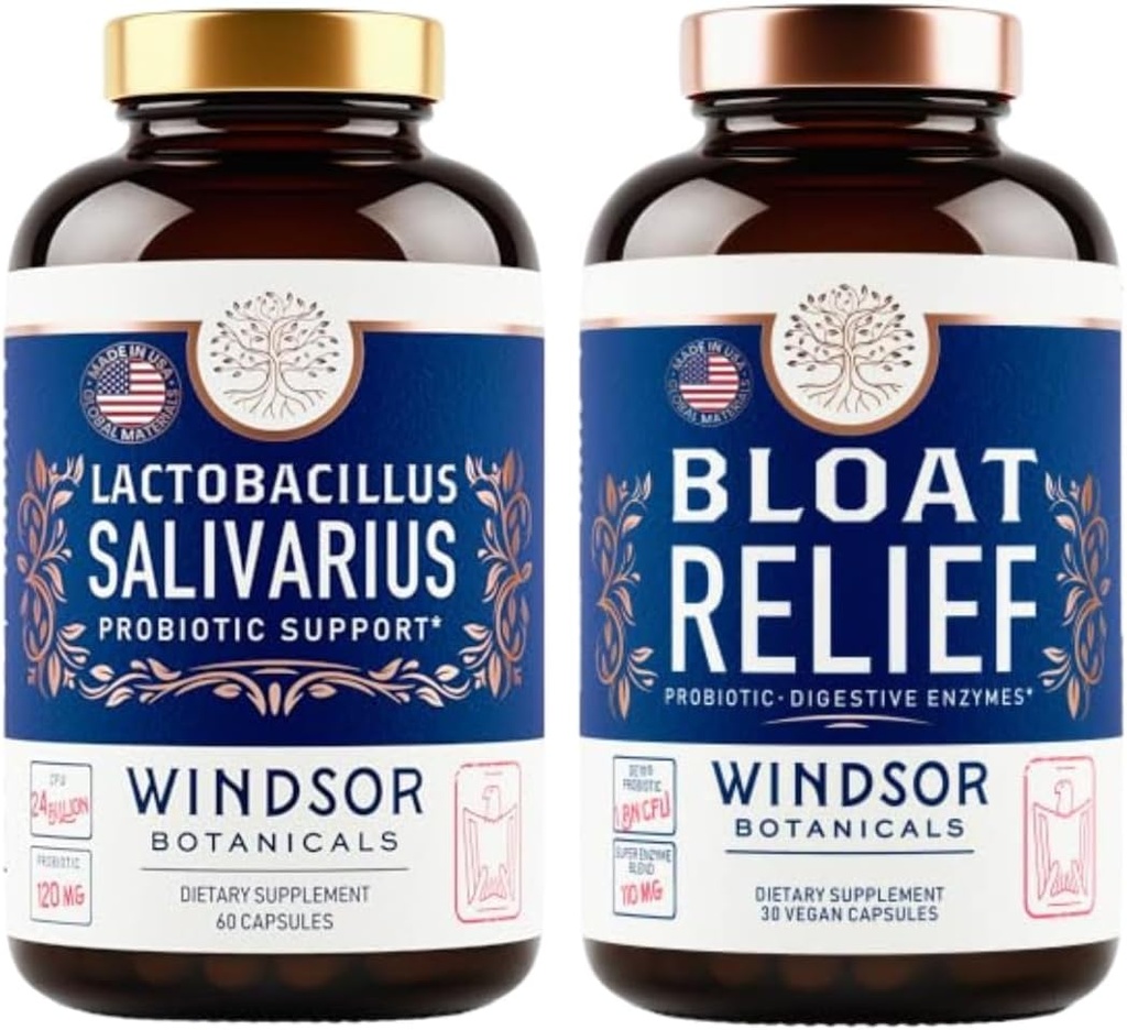 WINDSOR BOTANICALS Bloat Relief och Lactobacillus Salivarius Probiotic Capsules - Oral och IBS Support Bundle