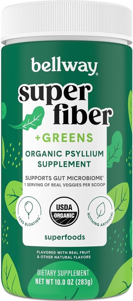 Bellway Super Fiber + Vihreät Powder, Sokeriton Psyllium Husk Kuitu Super Greens (30 tarjoilua)