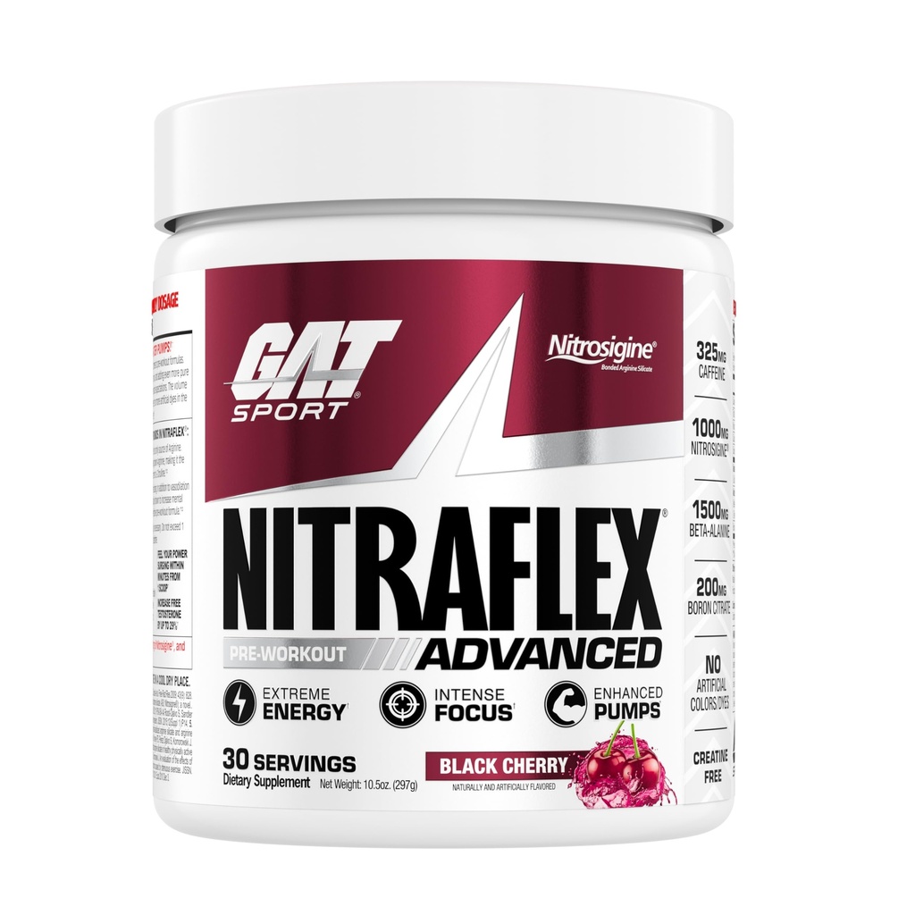 GAT SPORT Nitraflex Advanced Pre-Workout jauhe, lisää veren virtausta, lisää voimaa ja energiaa, parantaa harjoitus suorituskykyä (musta kirsikka, 30 palvelinta)