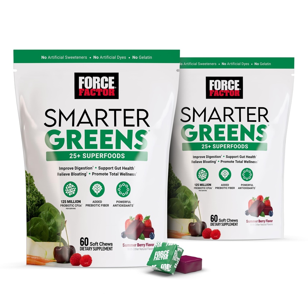 FORCE FACTOR Smarter Greens Superfood Chews, 2-pack, Greens ja Superfoods Probiootit, Antioksidantit ja kuitu, Greens täydentää tukea digestio, typpioksidi, ja energia, 120 pehmeät purut