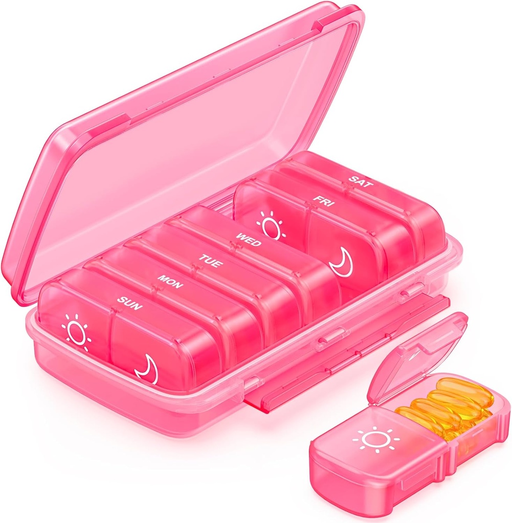 Viikottainen pilleri Organizer 2 Kertaa päivässä Kosteutta kestävä Design, Vaaleanpunainen AM PM Pill Box 7 Päivä helppo täyttää, Kannettava pilleri tapauksessa matkustaa, suuri pilleri haltija vitamiini, kalaöljy, täydennysosa