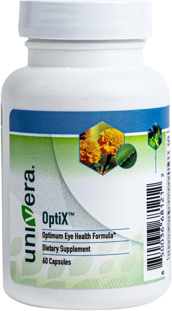 Univera OptiX, Silmävitamiinit, Luteiini, Zeaksantiini, C-vitamiini, Sinkki, Beta-karoteeni, Mustikka, Selenium, Tukee silmän kanta, Ylläpitäjät terve silmän linssit, 30 päivän tarjonta