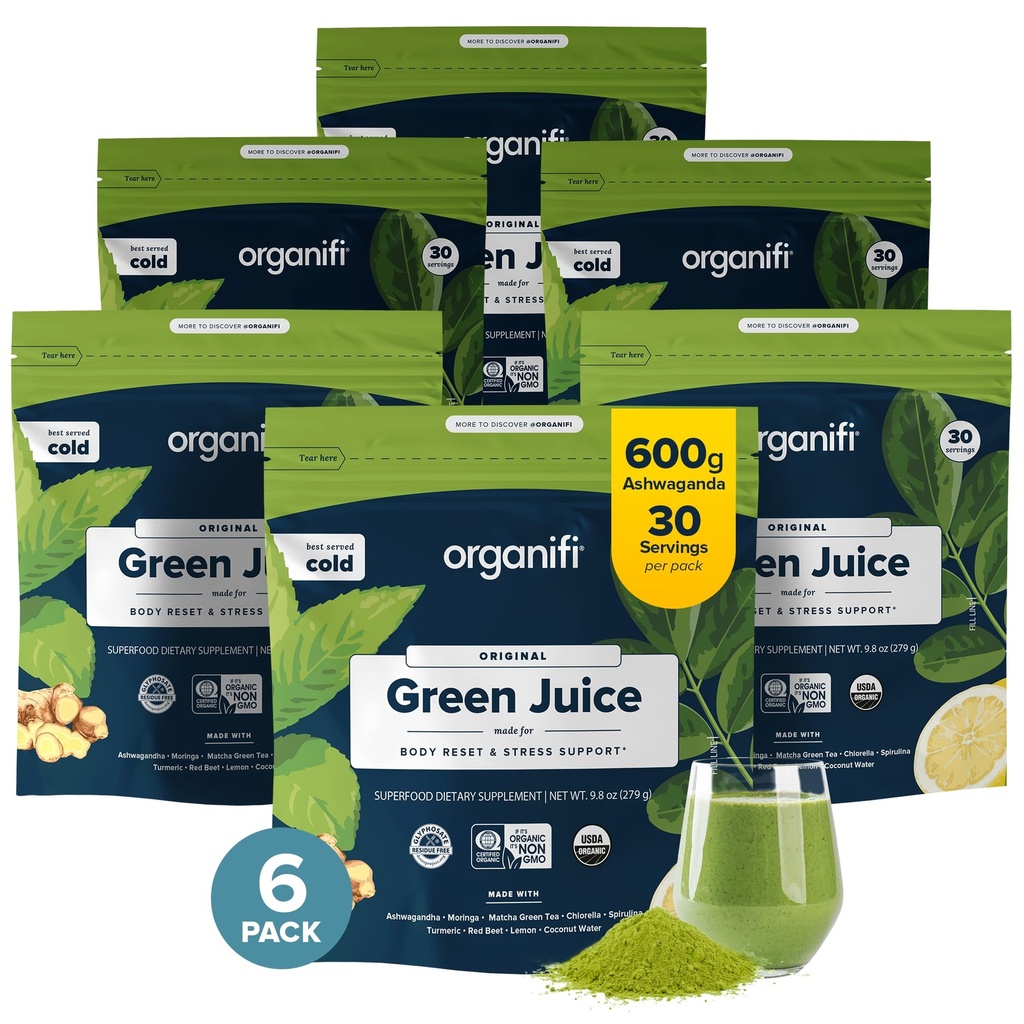 Organifi Green Juice - Organic Superfood Powder - 180-Day Supply - Organic Vegan Greens - Helps Vähentää Kortisolia - Tarjoaa paremman vastauksen stressiin - Tukee painonhallintaa - Yhteensä kehon hyvinvointi