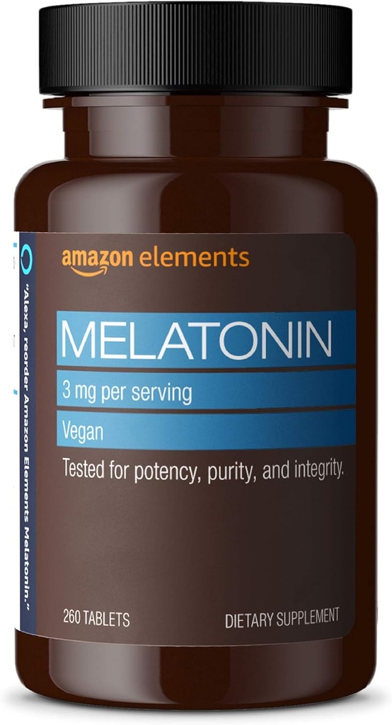 Elements Melatoniini 3 mg, Auttaa satunnaisia unettomuutta, Vegaani, Ei maku, 260 tablettia, 8 kuukauden tarjonta (pakkaus voi vaihdella)