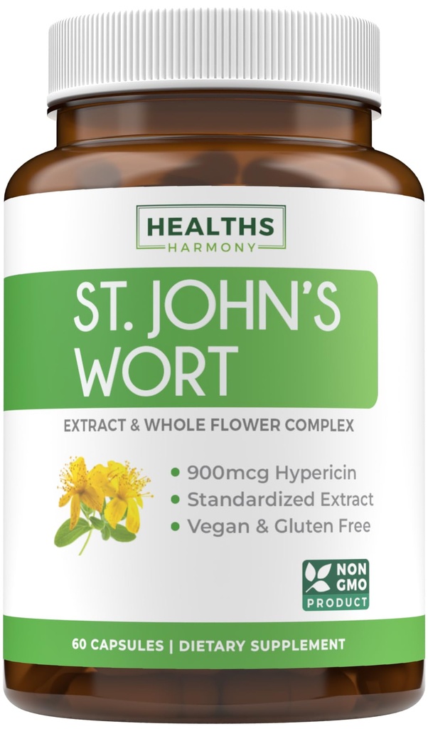 St John's Wort -kapselit - Tehokas & Potent Saint John's Wort -uute & koko yrttikompleksi Standardoitu 900 mcg: n Hypersiinin tasapainottamiseen - Vegaani ei- GMO & Lab Varmennettu (60 Caps)