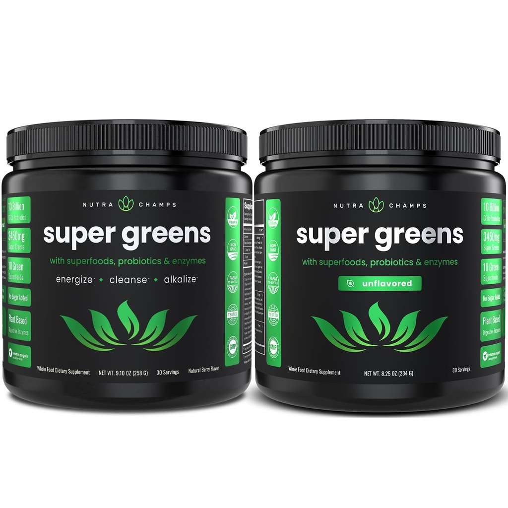 NutraChamps Super Greens Berry & Super Greens Mautonta Bundle - 2 kuukauden tarjonta