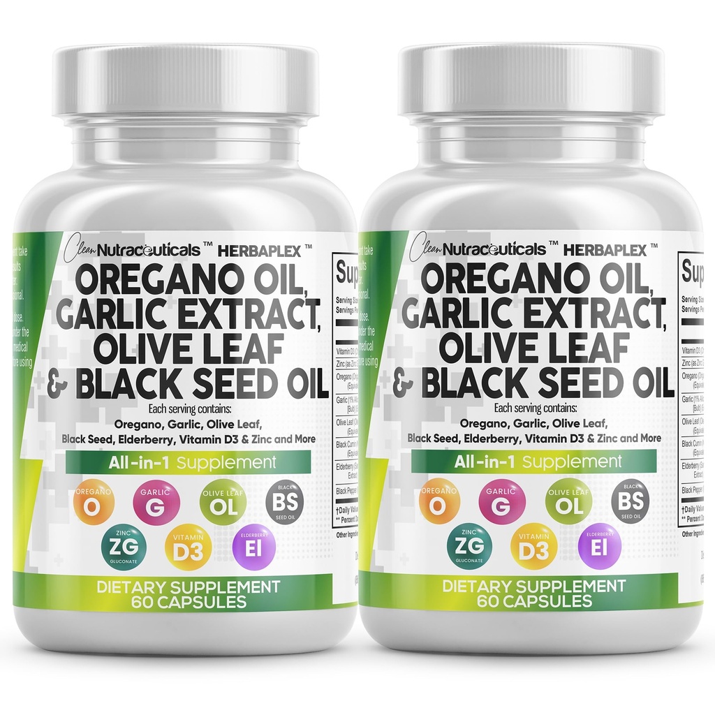 Clean Nutraceuticals Oil Valkosipuliuute Olive Leaf Musta siemenöljy - Immuunituki & Ruoansulatusterveys täydentää naisten ja miesten D3-vitamiinia & Sinkki - 2Pack