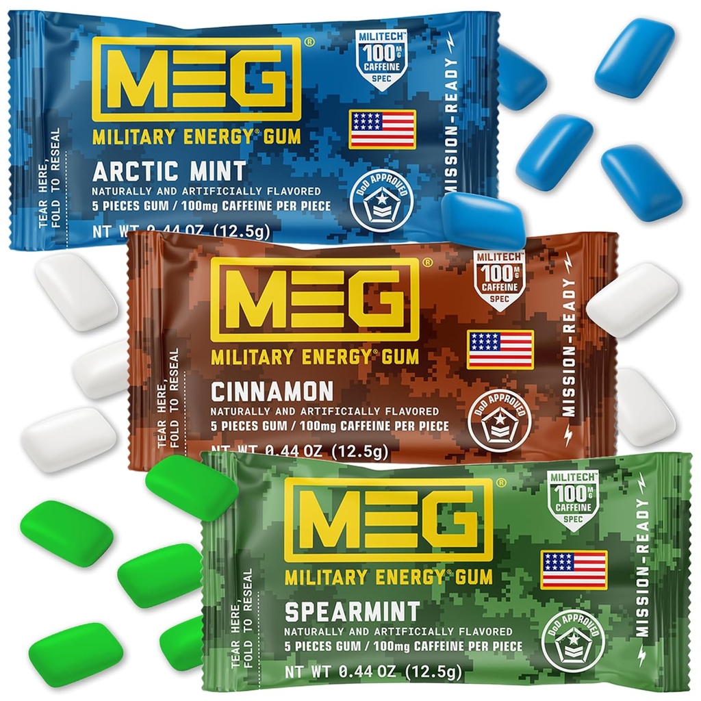 MEG Gum - Militär energi Gum | 100mg koffein per bit - 15 stycke Sample Pack - Energi och fokus för att öka prestanda