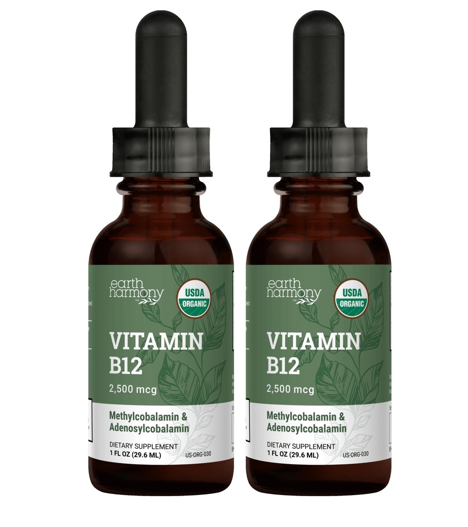 USDA Organic B12 2000mcg sublingual Liquid Supplement (2-Pack) - Vegan Methylcobalamin Drops for Natural Energy, ylläpitää aineenvaihduntaa, ja immuunijärjestelmän tuki - 1 Fl Oz