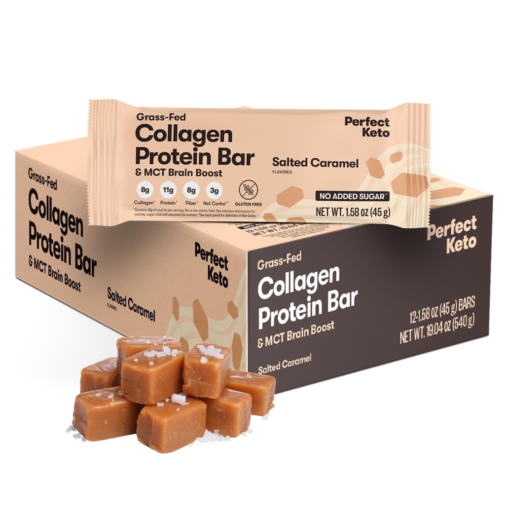 Perfekt Keto Bars - De renaste Keto Snacks med Collagen och MCT. No Added Sugar, Keto Diet Friendly - 3g Net Carbs, 19g Fat, 11g Protein - Diet Food Dessert (Salted Caramel, 12 Bars)