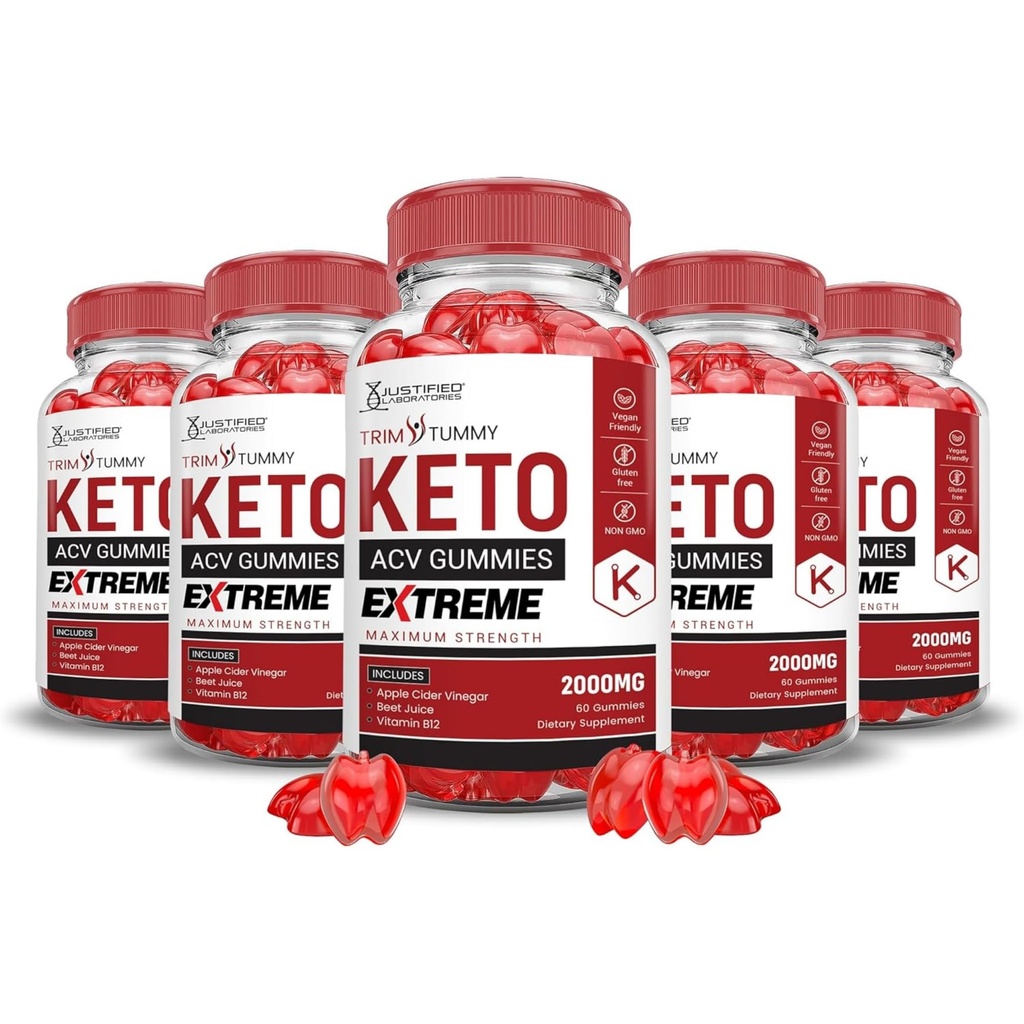 Justified Laboratories (5 Pack Trim Tummy Keto ACV Gummies Extreme 2000MG Trim Tummy Keto Gummies Apple Cider Vinegar Formulerad med granatäpplebetjuice Powder B12 Vegan Non GMO 300 Gummys