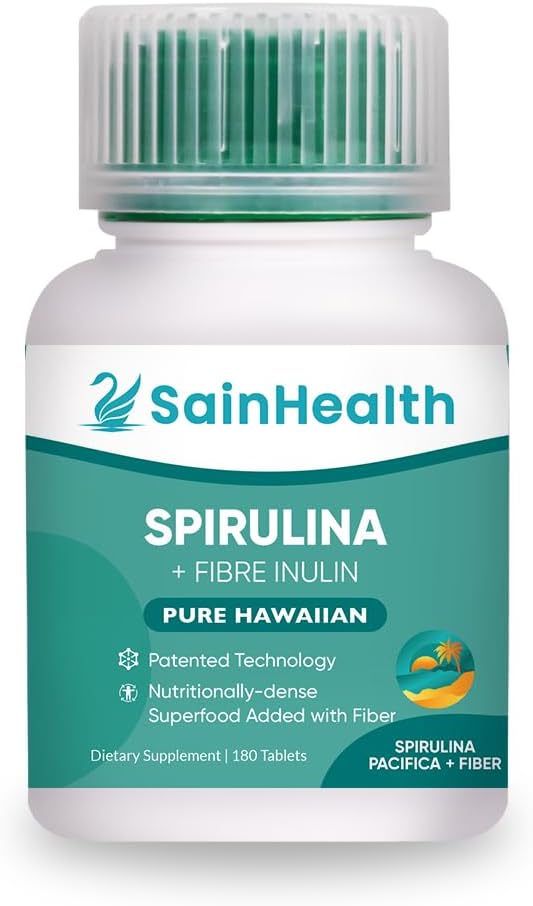 Spirulina + Fibre Inulin - Herbal Supplement, Spirulina Added Fiber Vegan Tablets for Digestive Health, 600 mg Spirulina, Vegan & GMO Free (180 tablettia)