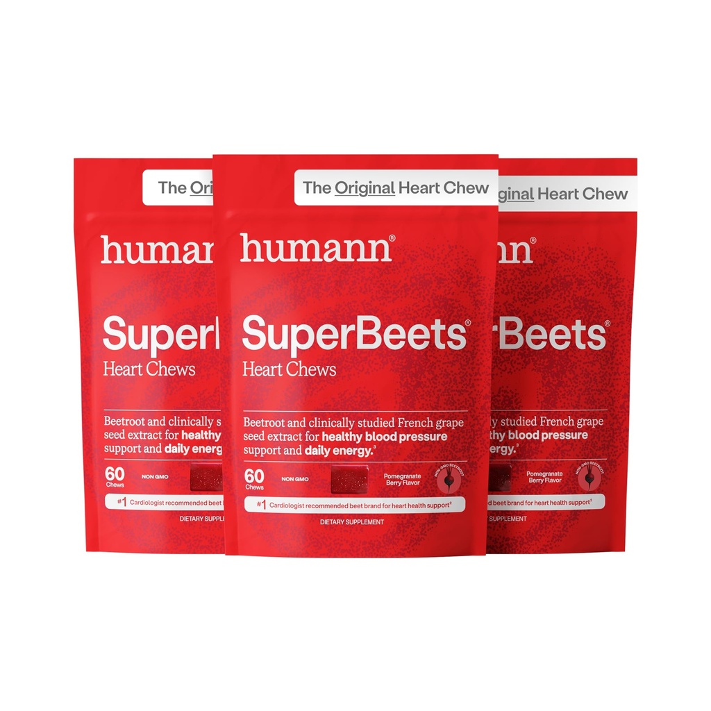 HumanN SuperBeets Heart Chews, Nitric Oxide och Blood Pressure Support, Grape Seed Extract & Non-GMO Beet Root Powder Energy, Pomegranate Berry Flavor, 180 Count