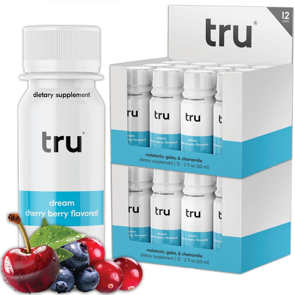Tru Dream Shot, Cherry Berry Flavored Deep Sleep Aid Shots - Zero Sugar Calm Uni Drink plus Melatoniini, GABA, Kamomilla - Kofeiiniton, GF, Keto, Natural Flavors, Vegan Supplement, 2oz (Pack of 24)
