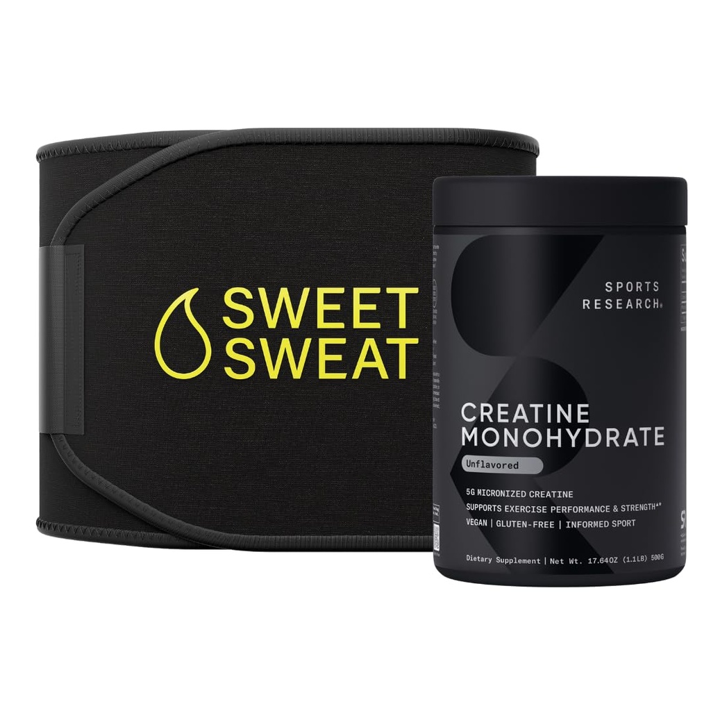 Sports Research Creatine Monohydrate och Sweet Sweat Waist Trimmer - Svart och Gul (Små)