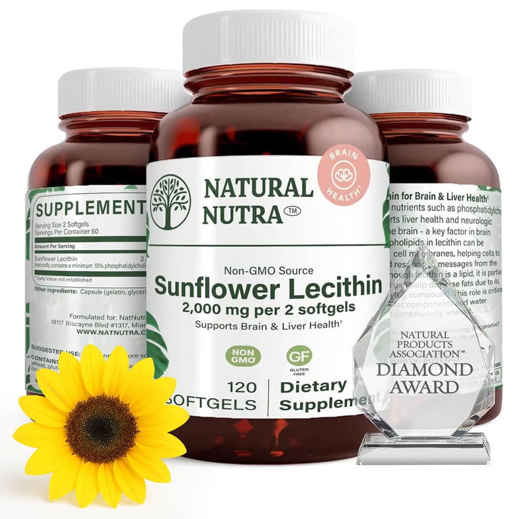 Natural Nutra Sunflower Lecithin 2000 mg Tillägg, stöder amning mamma med ansluten mjölk Duct Relief, Liver & Brain Health Booster, Soy Free, Non-GMO, Gluten-Free, 120 Softge