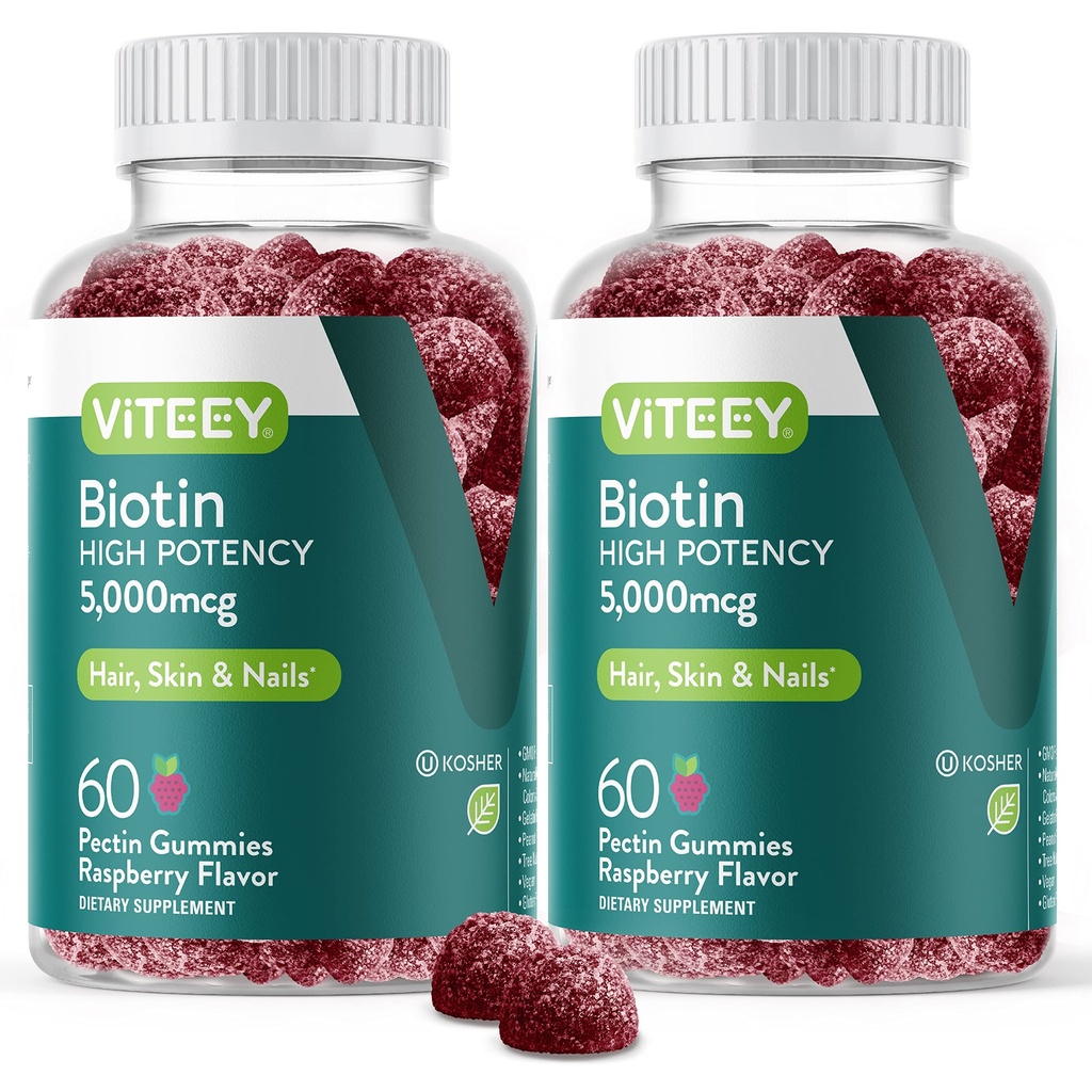 VITEEY Biotin Gummies hiuksille iho ja kynnet - Biotin hiusten kasvua Gummies - 5000 mikrog - Vegan, Gluteeniton, ei-GMO 120