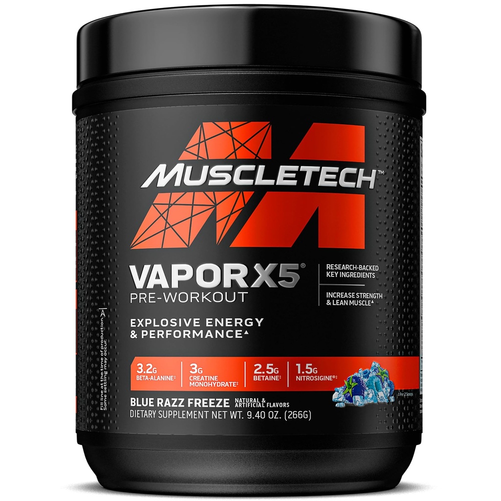 MuscleTech Pre-Workout Powder, Vapor X5 - Urheilu ravitsemus Lihas Building täydennysosat naisille ja miehille - Intense Lihaspumppu Energy Powder Drink Mix - Blue Razz Freeze, 266g (30 tarjoilua)
