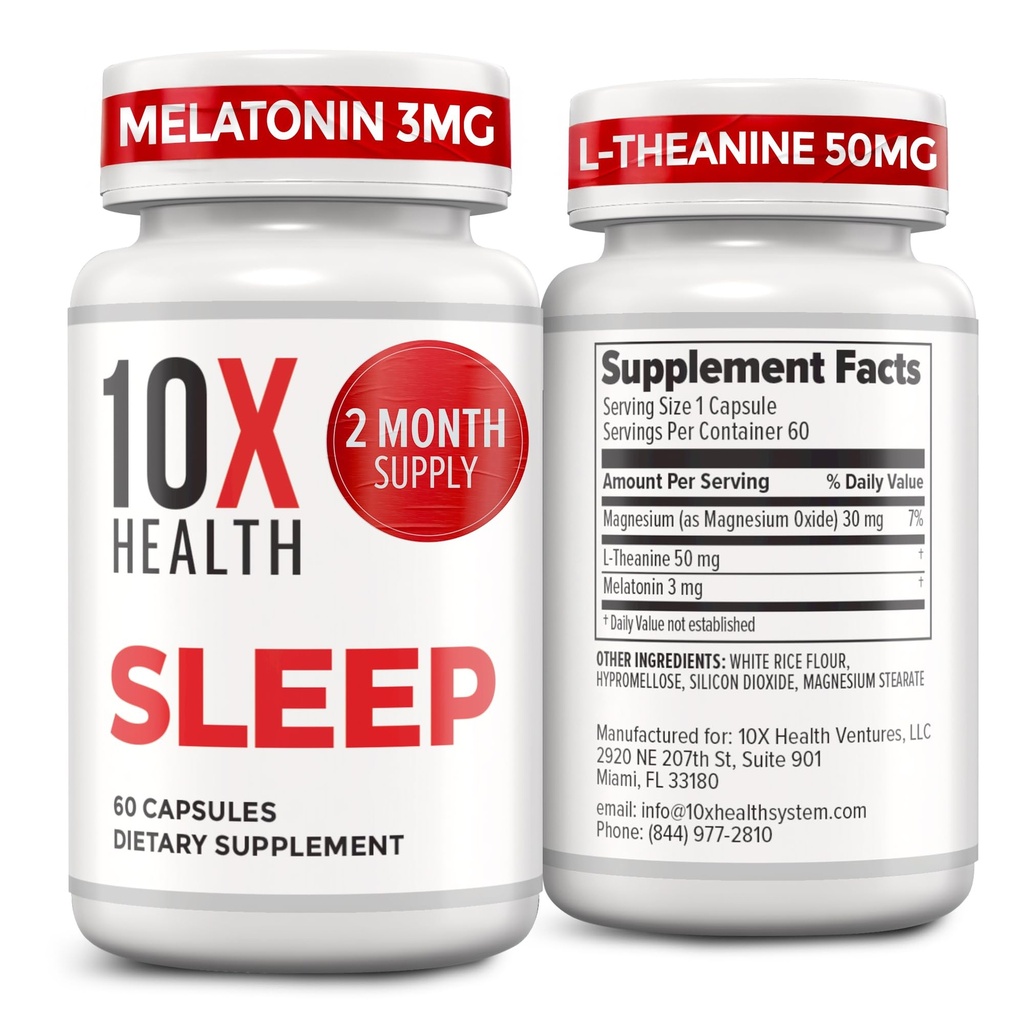 10X Health Sleep Lisäravinteet aikuisille - 60 kapselia - melatoniini 3 mg, L tetaniinia, magnesiumia, magnesiumoksidia syvälle, parempaa lepoa ja rentoutumista - 3-in-1 Natural Sleep Support