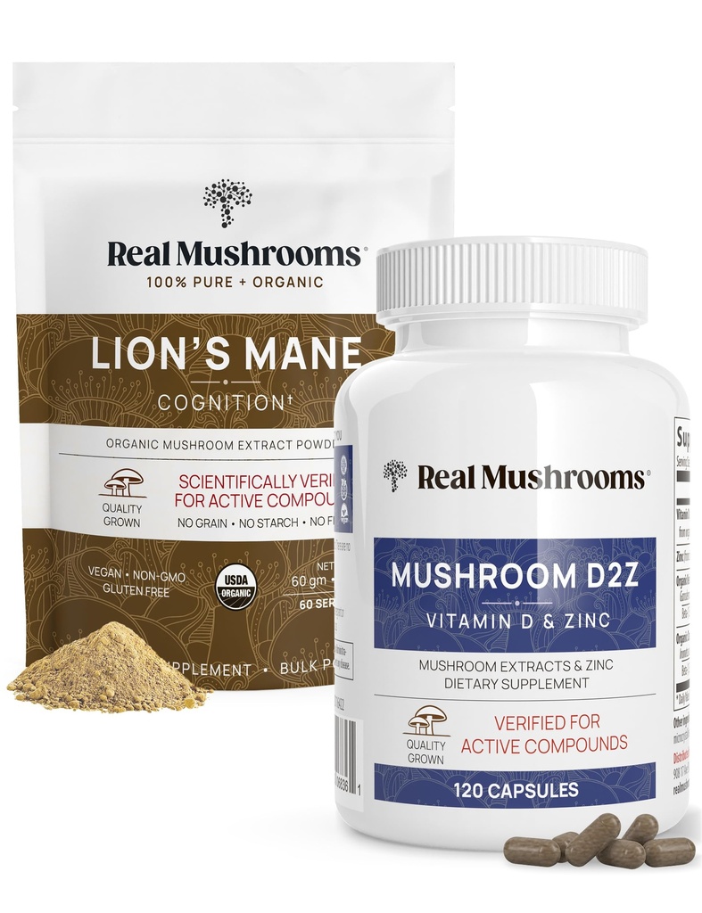 Real Mushrooms Vitamin D2, Chelated Zinc, Chaga, Reishi (120ct) och Organic Lion's Mane Powder (60 portioner) Bundle - immunitet och kognitivt stöd, förbättrad absorption - Vegan, Gluten Free, icke-GMO