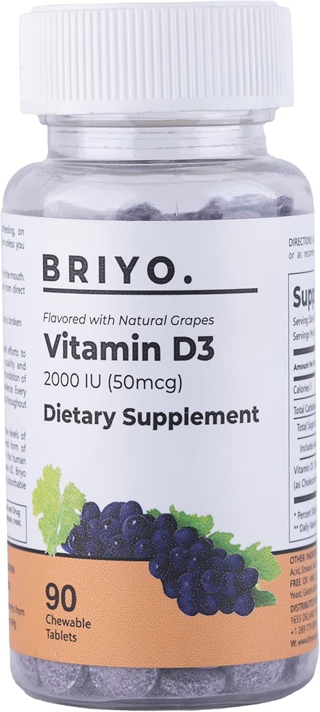 Briyo Vitamin d3 tuggbar tablett - 2000 IE (50 mcg per portion) - Utsökt Natural Grape smak, 90 greve