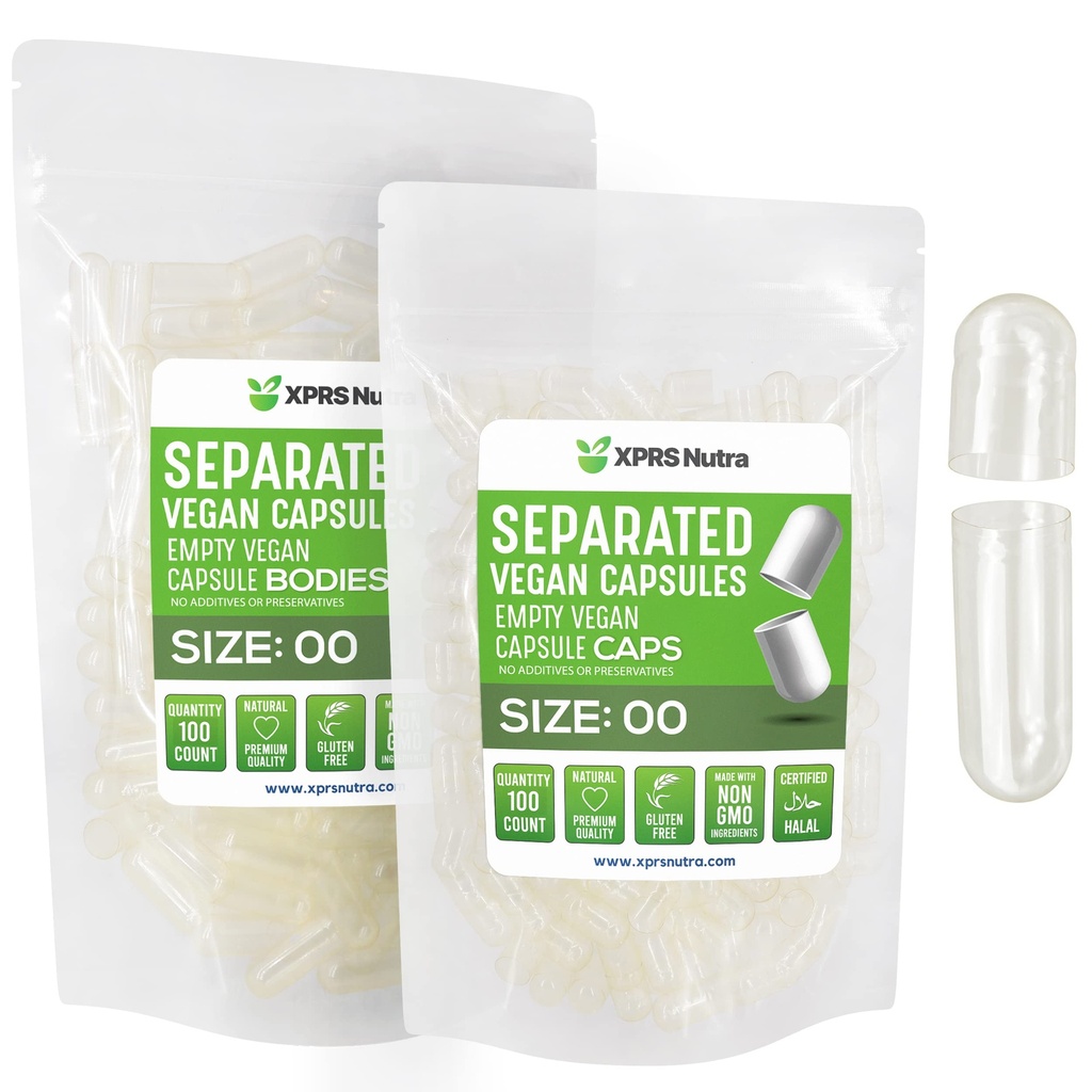 XPRS Nutra Vegan Koko 00 Erilliset kapselit - 100 Count Clear Premium Tyhjät kapselit Erotettu laukut - 00 Pillerit Tyhjä DIY täydennysosa Täyttö