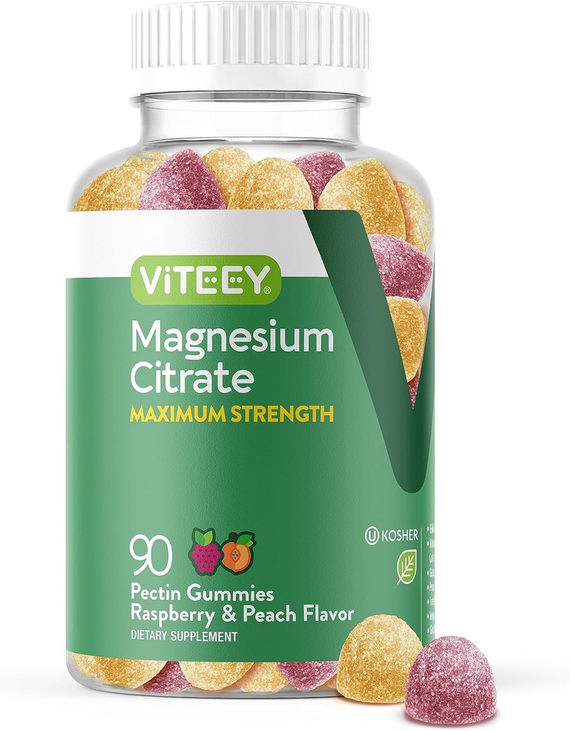 VITEEY Magnesium Gummies för vuxna - 255mg Magnesium Citrate Gummy för lugn, sömn, nerv- och muskelfunktionsstöd - Vegan, Gluten Free - 90 Count