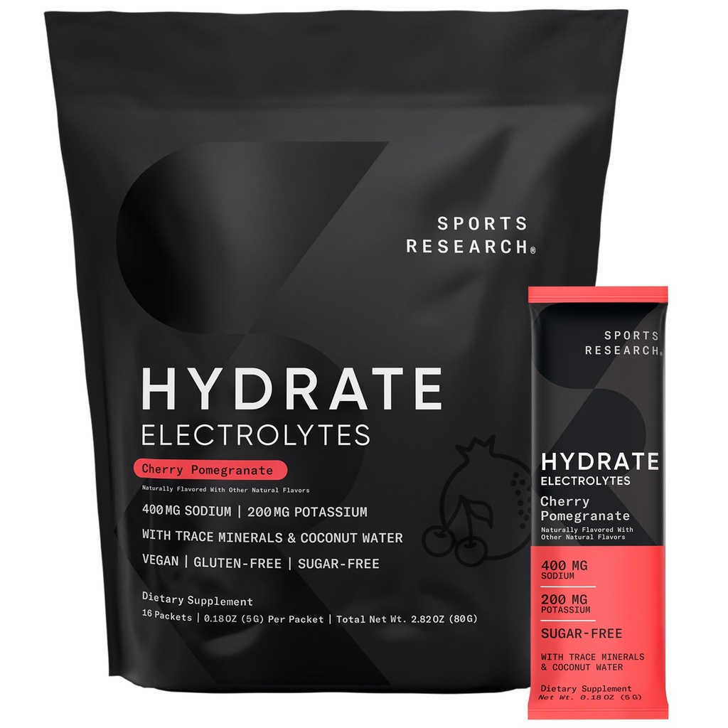 Sports Research Hydrate Electrolytes Powder Packets - Sokeriton ja luonnollisesti maustettu vitamiineja, Mineraalit, ja Coconut Water - Tuet Hydraation - 16 Packets - Cherry Pomegranaatti