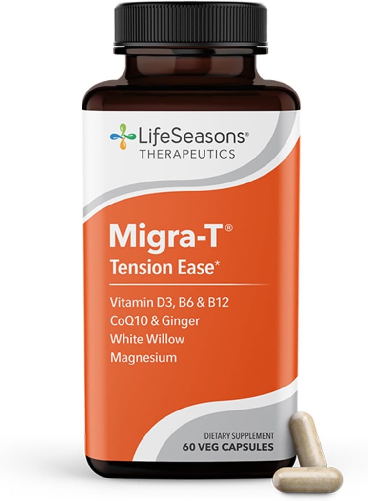 LifeSeasons Migra-T with Relieve-R PM - Migraine Prevention & Relief Supplement - Tukee vakavia päänsärkyjä - vähentää kevyttä ääntä ja odor sensitiivisyyttä - kuumetauti, valkoinen paju, magnesiumin inkivääri & CoQ10
