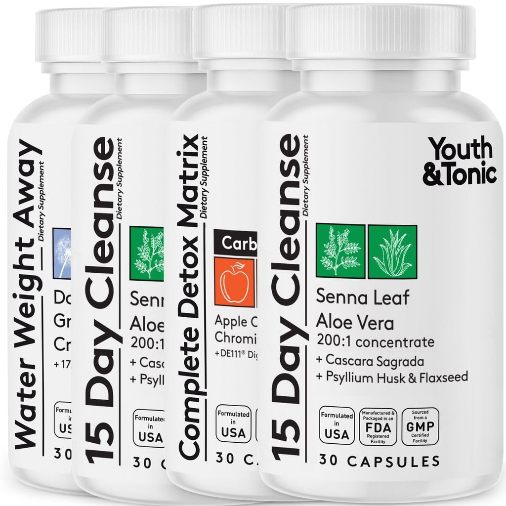 Detox Cleanse Kick Off Weight Management och Extra Colon Cleanser. 4pk för vattenförlust, Bloating, Flat Stomach, Puffiness w Apple Cider Vinegar, Senna Leaf, Glucomannan, Chromium, Probiotic 120 Pills