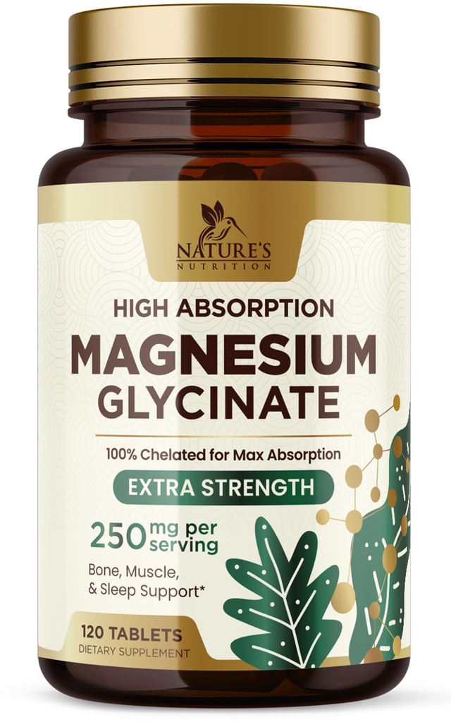 Magnesium (Glycinate) - Magnesium Supplement for Heart Health, Hermo, Lihas, Luu, ja uni tuki - 100% Kelated & High Imeytyminen - 250 mg per Tarjoilu - Gluteeniton, Vegan, ei-GMO - 120