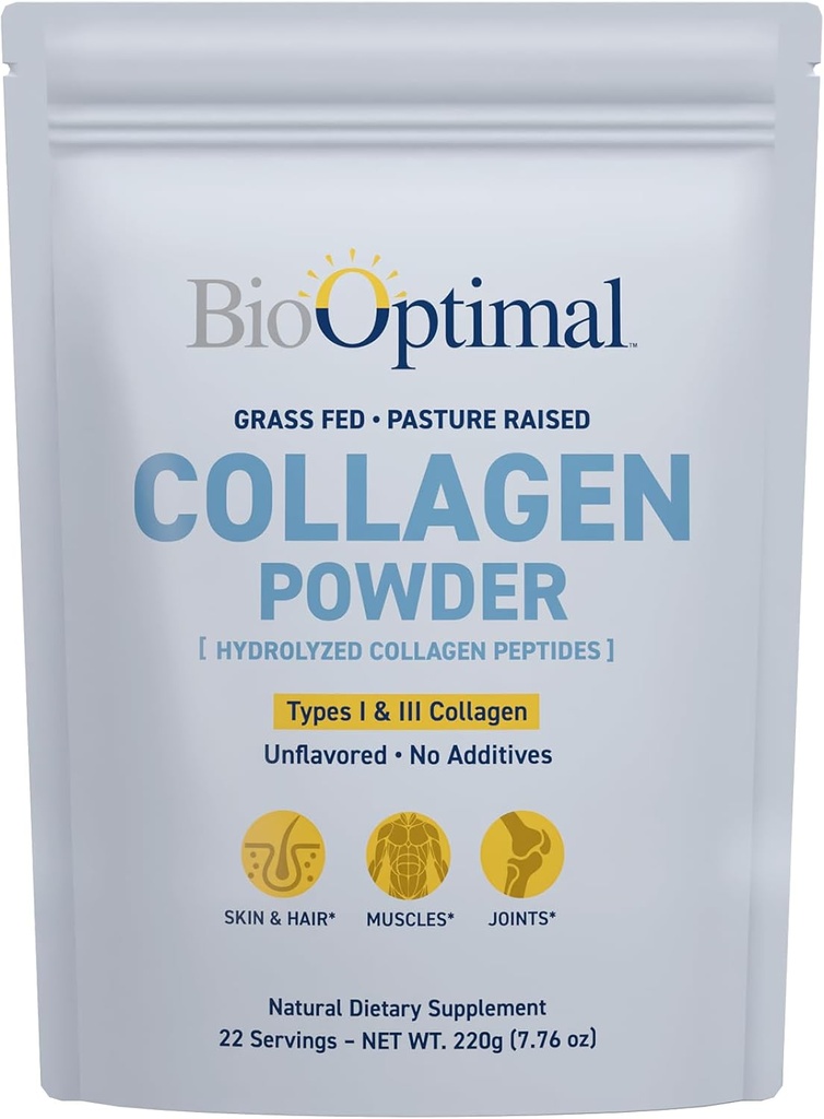 BioOptimal Collagen Peptides Powder - Grass-Fed, Pasture-Raised Hydrolysed Protein Supplement for Skin, Hair, & Nails - non-GMO, Zero Sugar Daily Sugar Supplement for Men & Women (22 Servings)