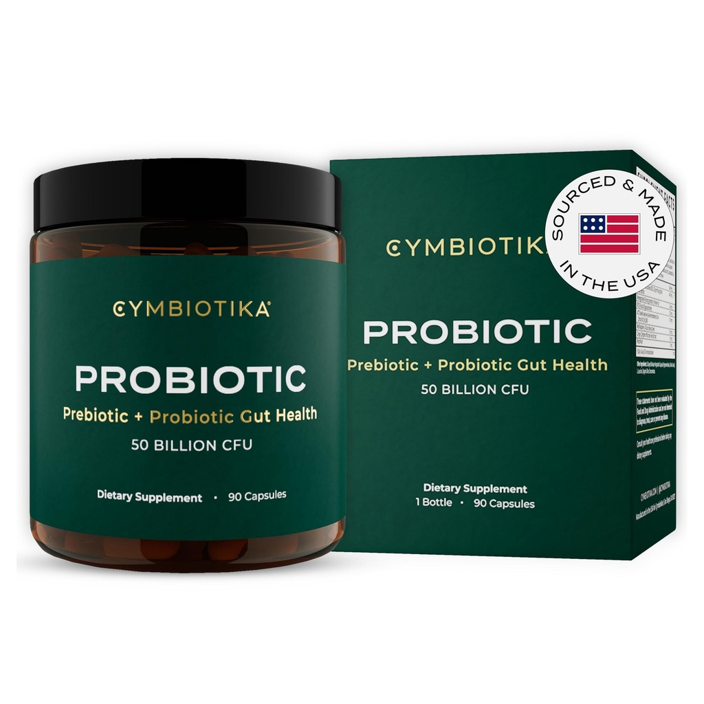 CYMBIOTIKA Probiootti + Prebiootti, 60 miljardia PMY - 19 kanta, Gut Health Supplement for Women & Men, Immuunituki, Ruoansulatusterveys, & Gut Balance, 90 kapselia, 1 kuukausi toimitus, valmistettu Yhdysvalloissa