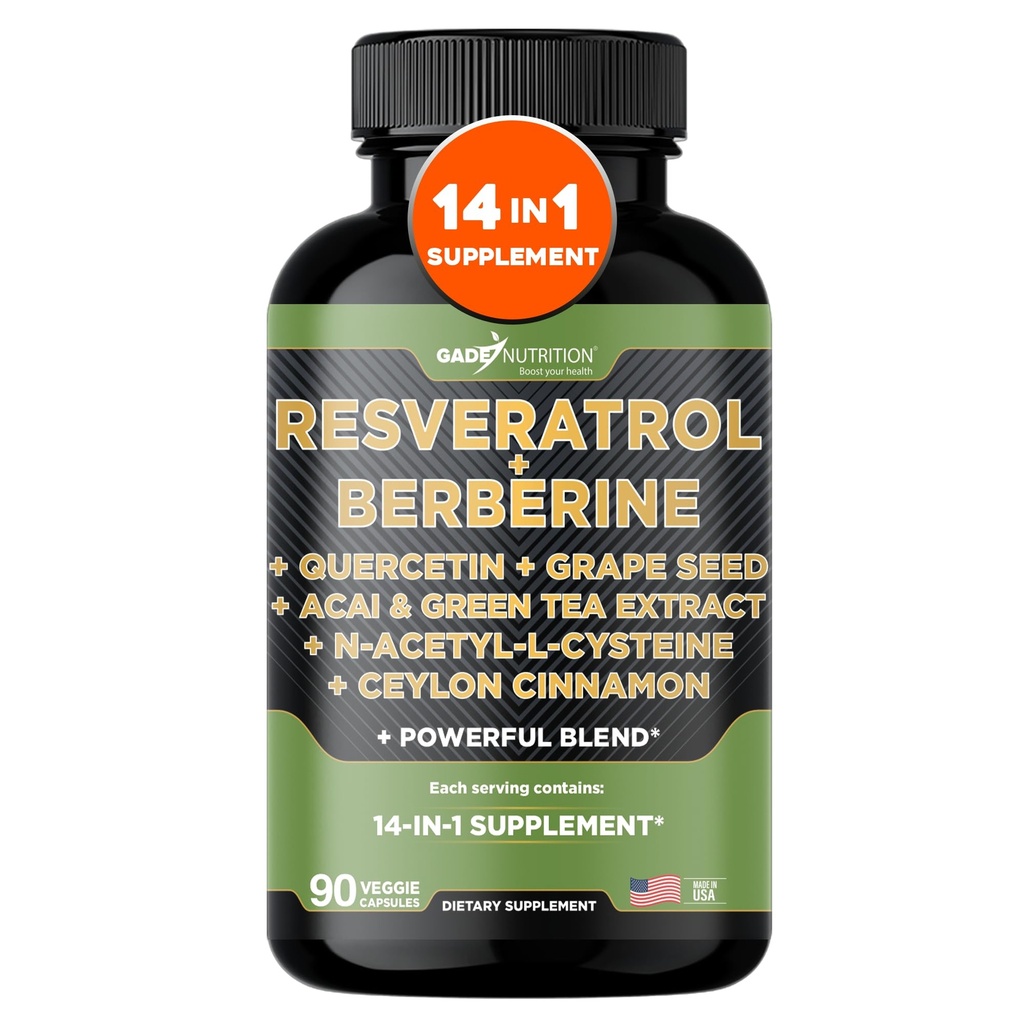 Gade Nutrition Resveratrol Berberine Quercetin Grape Seed Extract Vihreä teeuute N-Acetyl Cysteine - 14 in 1 Complex Supplement for Women & Men with Potent Antioxidants - Made in USA
