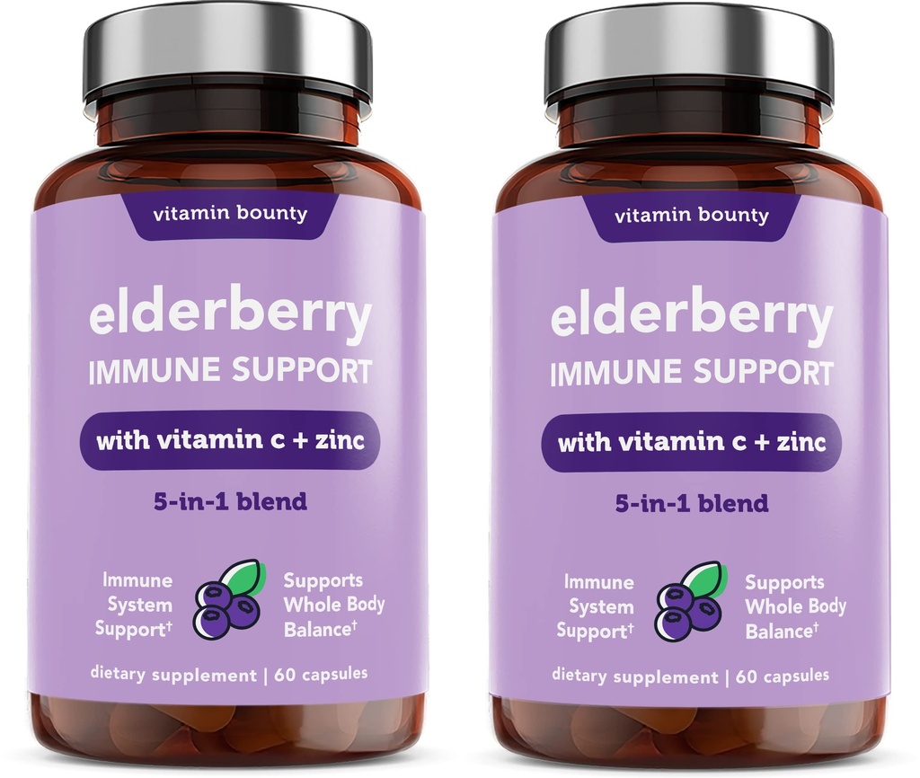 Vitamiini Bounty Elderberry Immuuni tuki - sinkki, C-vitamiini & Echinacea, Advanced 5-in-1 Blend, Tehokas antioksidantti, tukee koko kehon tasapaino, ei-GMO - 60 kapselia, 2 pakkaus