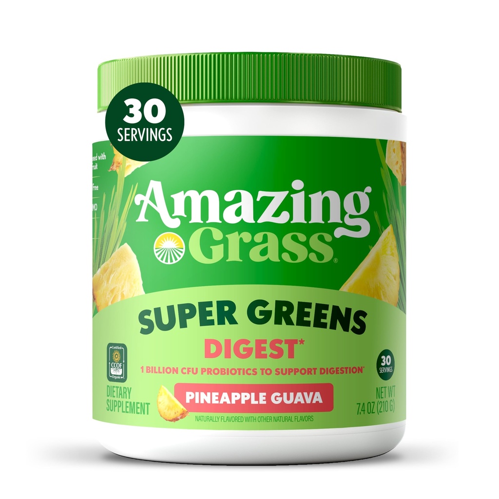 Amazing Grass Greens Blend Digest: Super Greens Powder Smoothie Mix for Digestion Support with Organic Spirulina, klorella, Beet Root Powder, Diveral Enzymes & Probiootit, 30 Servings