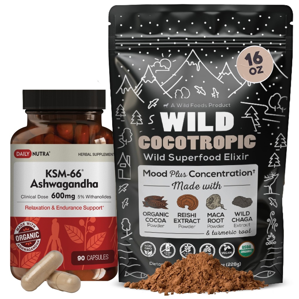 DailyNutra KSM 66 Ashwagandha (90 kapselia) ja Mushroom Cacao Mix (16oz) Bundle rentoutumista ja keskittymistä varten