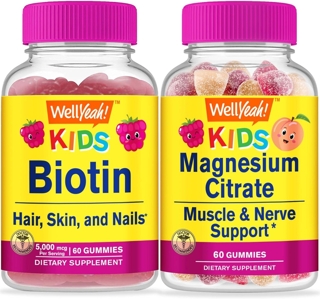 WellYeah Biotin Kids + Magnesium Citrate Kids, Gummies Bundle - Suuri maistaminen, vitamiini täydentää, Gluteeniton, GMO-vapaa, purukumi
