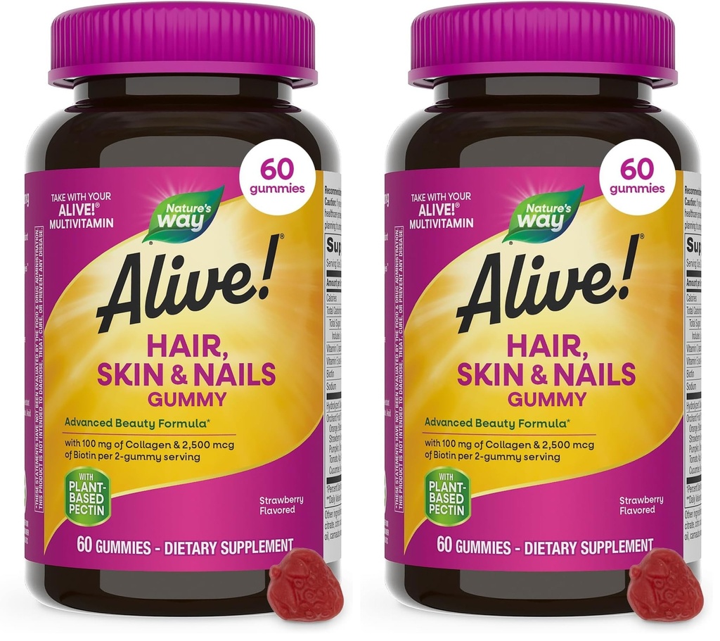 Luonto on elossa! Hiukset, iho ja kynnet Gummies, Advanced Beauty Formula *, Biotin ja Collagen, Mansikka maku, 60 Gummy (Pakkaus toukokuussa Vary) (Pakkaus 2)
