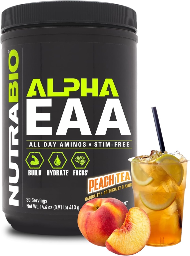 NutraBio Alpha EAA - All-Day Aminohapot lihasten kasvua ja nesteytystä varten - Essential Amino acids with nootropic & Adaptogens- Full Spectrum EAA BCAA Powder - 30 Servings - Persikkatee