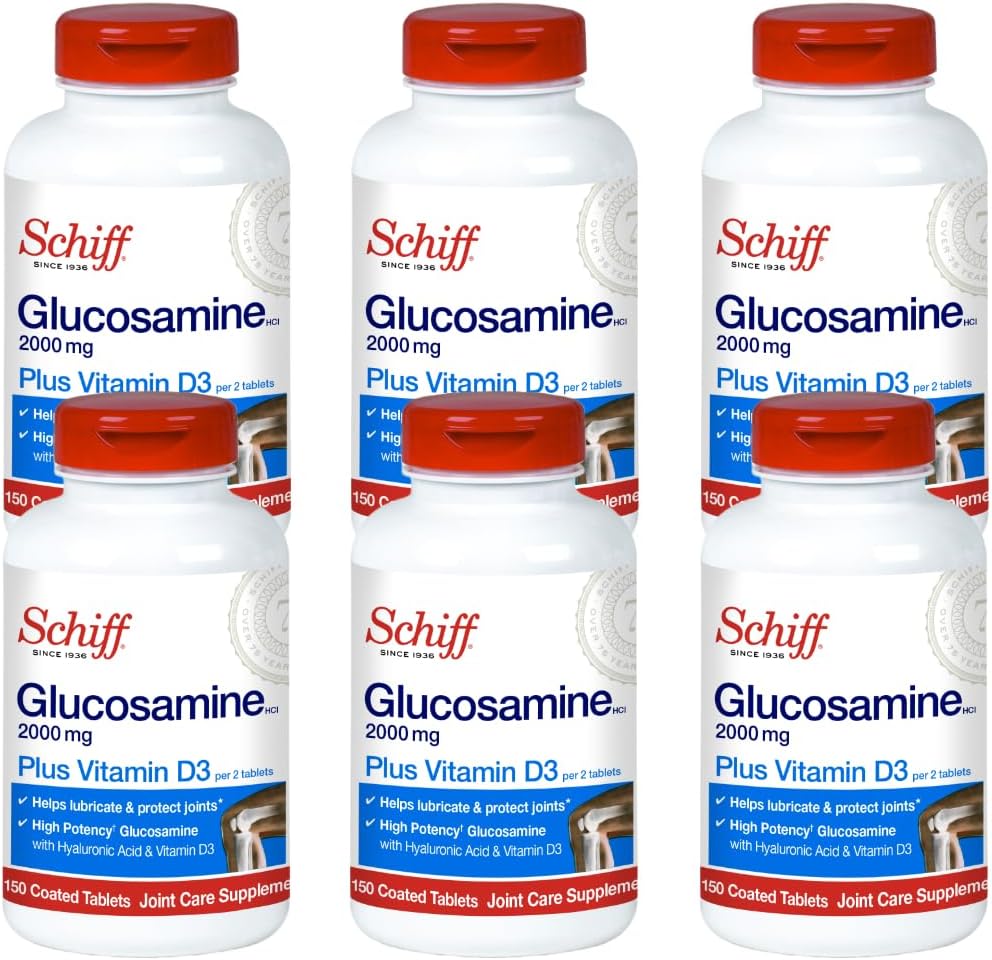Schiff Glukosamiini 2000 mg D3-vitamiinin ja hyaluronihapon kanssa, 150 tablettia - Joint Supplement (pakkaus 6)