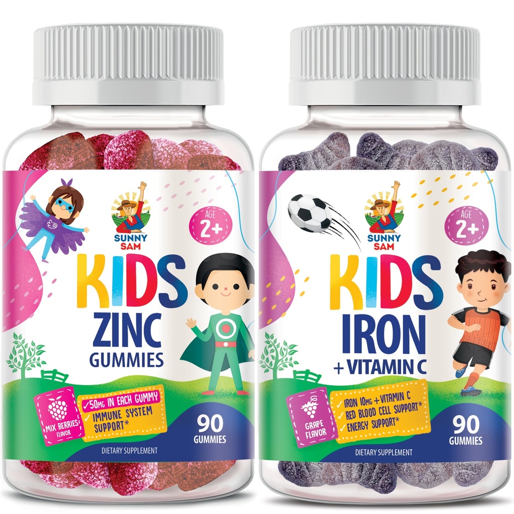 Iron Gummies för barn & Zink Gummies för barn. Järn vitaminer med vitamin C. Zink Chewable Gummy för immunstöd - Kraftfull naturlig antioxidant Non-GMO Supplement för barn män kvinnor vuxna
