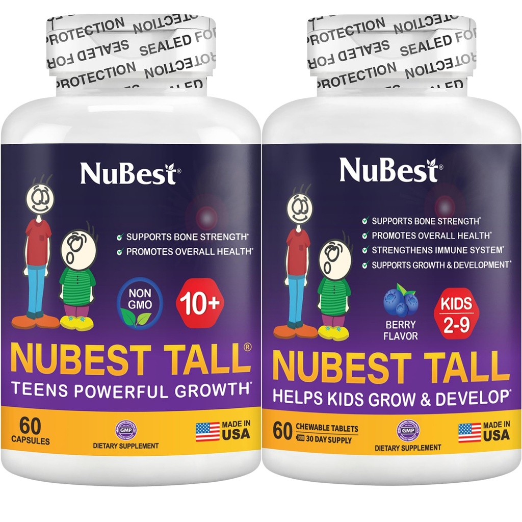 NuBest Bundle Tall 10 + 60 kapslar Tall Kids 60 Chewable Tablets | Height Growth Support för barn & tonåringar | Calcium, Vitamins D3 K2, Collagen & Herbs