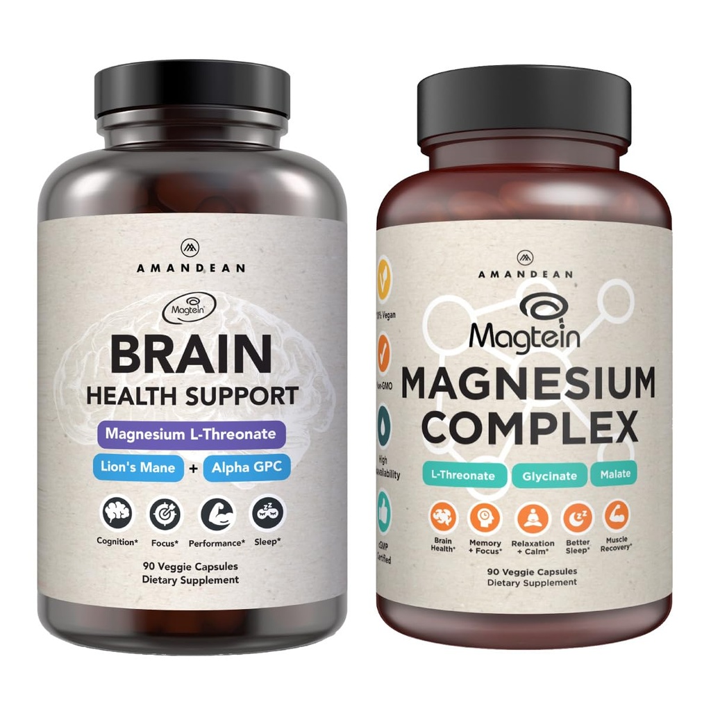 AMANDEAN Premium Brain & Magnesium Bundle: High-Absorption Magnesium L-Threonate, Glycinate & Malate, USA-Grown Organic Lion's Mane 6:1 Extract och Alpha-GPC. Stöder kognitiv hälsa, fokus och sömn